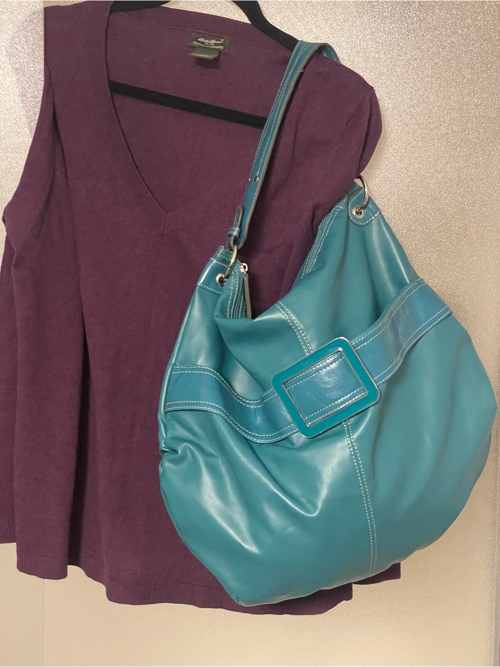 Teal Hobo Shoulder Bag with Buckle Accent - oversized large